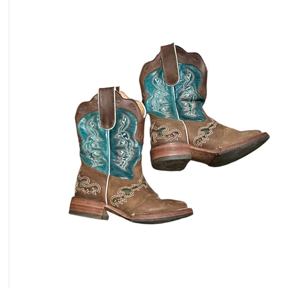 RedHawk Boot Co. Kids Wide Square Toe Cowgirl Boots in Turquoise/Brown size 2 - Picture 3 of 10